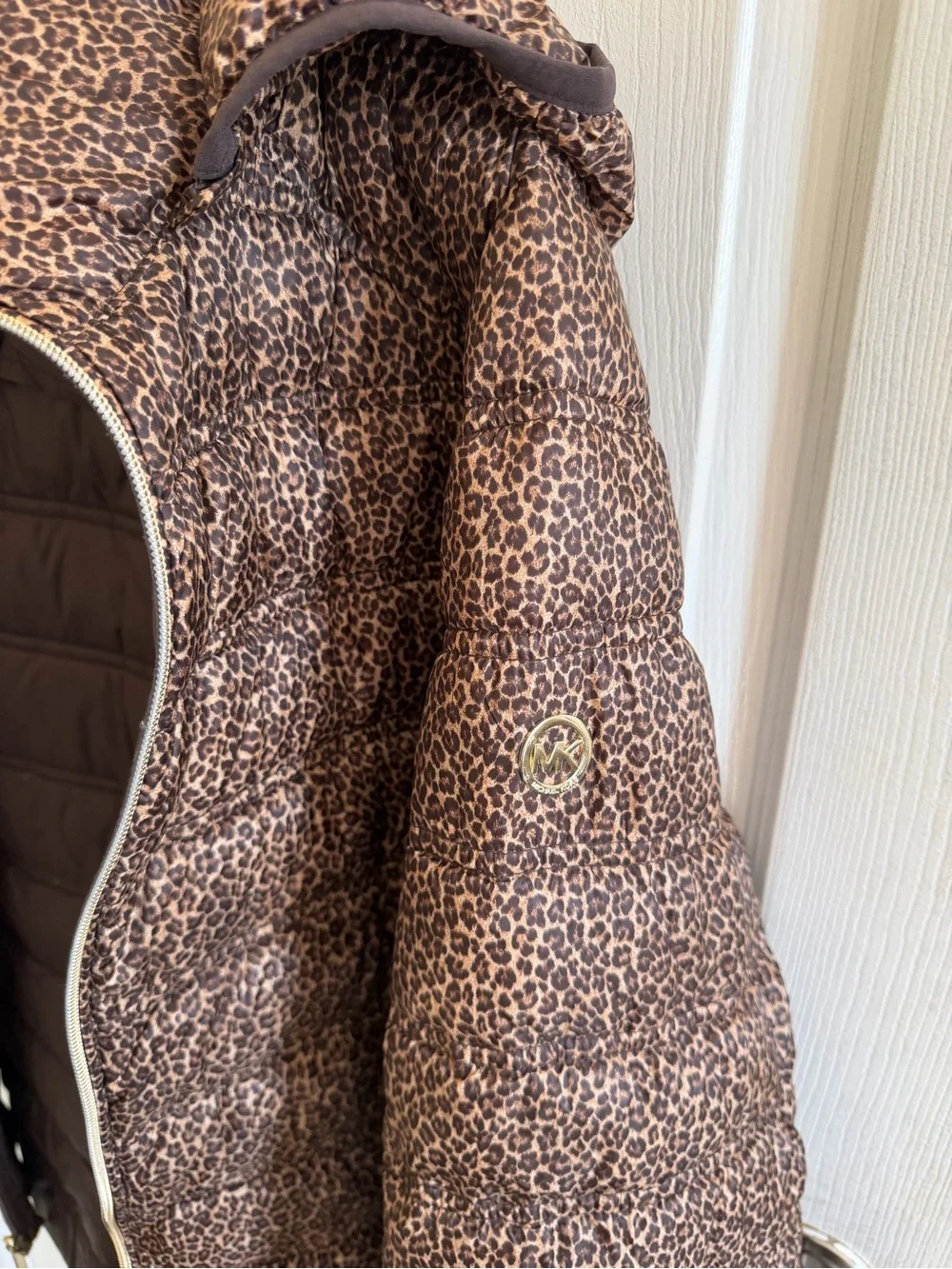 Michael Kors Brown Packable Down Jacket with Leopard Trim